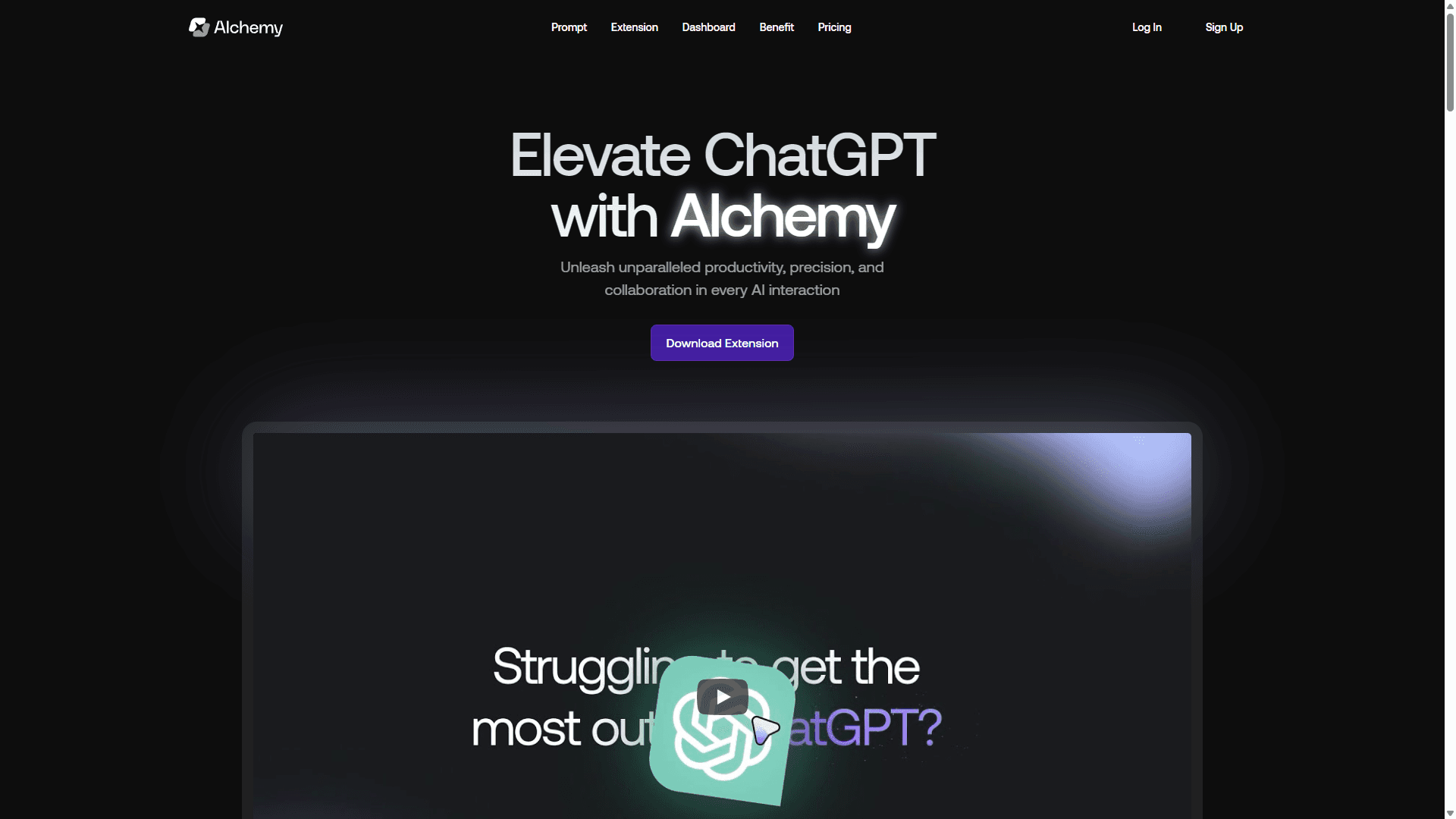 Landing page Alchemy, interface sombre